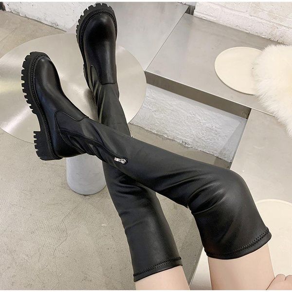 

boots over the knee for women 2021 autumn winter fashion ladies long stretch fabric slip on chunky heels female shoes, Black
