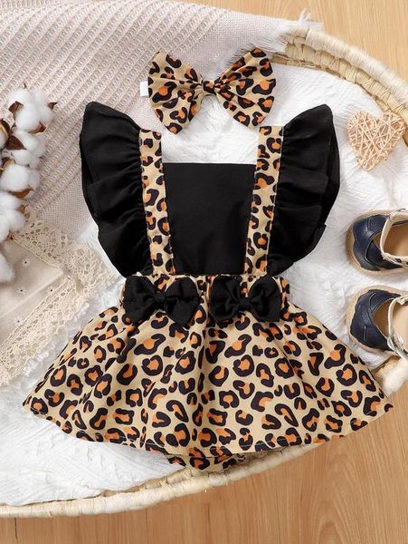 

baby leopard print bow front dress with headband she, Red;yellow