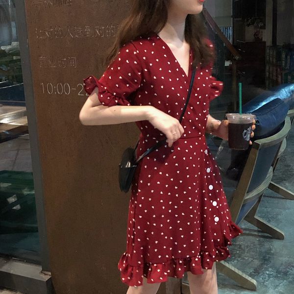 

3 sizes vintage red slim dot chiffon button line summer causal all match women simple short sleeve v-neck dresses 210522, Black;gray