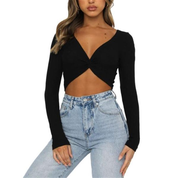 

women's t-shirt female crop women harajuku shirt solid color deep v-neck long sleeve knitwear for spring summer fall s//l, White