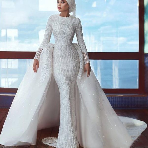 Suudi Arabistan Hicap Gelinlik ile Ayrılabilir Tren Gelinlikler Dantel Boncuk Sequins Mermaid Uzun Kollu Müslüman Vestido De Novia