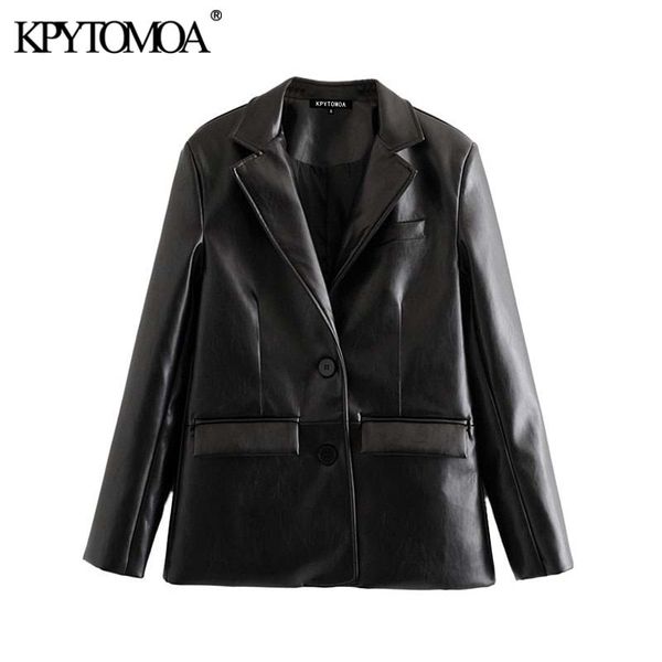 

vintage stylish pu faux leather pocket blazer coat women fashion notched collar long sleeve female outerwear chic 210416, White;black