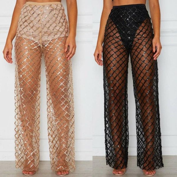 

fashion loose see through womens pant sheer mesh sequins rhombus gridding beachwear cover up female high waist straight, Black;white