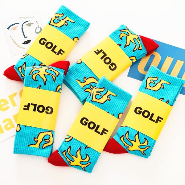 

golf blue flame hight street sports socks for men and women couples in tube tide skateboard sock, Black