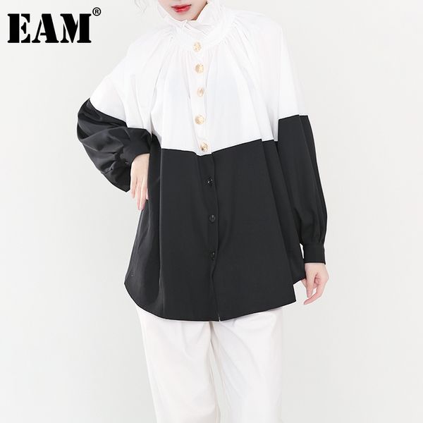 

[eam] women contrast color pleated big size blouse stand collar long sleeve loose shirt fashion spring autumn 1dd534301 21512, White