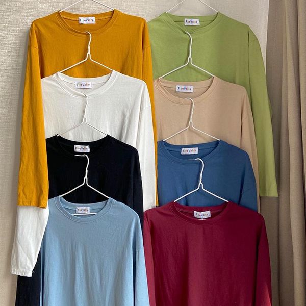 

spring summer women t shirt multi color loose long sleeve cotton t-shirt women's, White