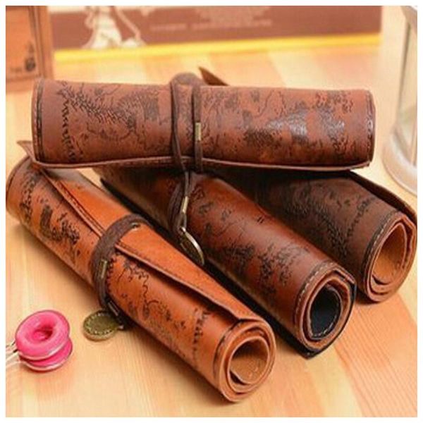 

pencil bags treasure map retro leather pu case school supplies art pen bag roll pouch makeup cosmetic storage stationery