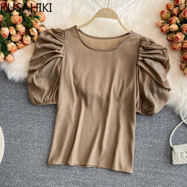 

women's blouses & shirts kusahiki 2021 summer o-neck puff sleeve blouse shirt korean thin folds causal elegant blusas fashion solid wom, White