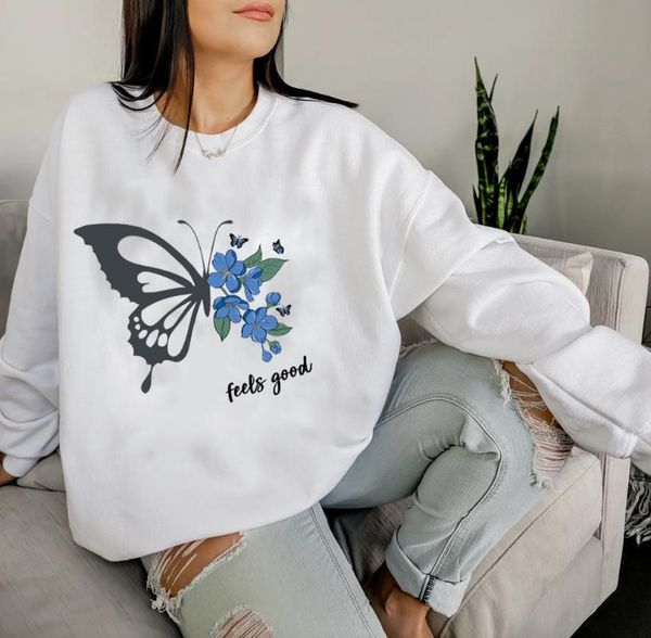 

women's hoodies & sweatshirts beautiful blue flowers butterfly feels good sweats plant lady pullovers women fashion casual pure cotton, Black