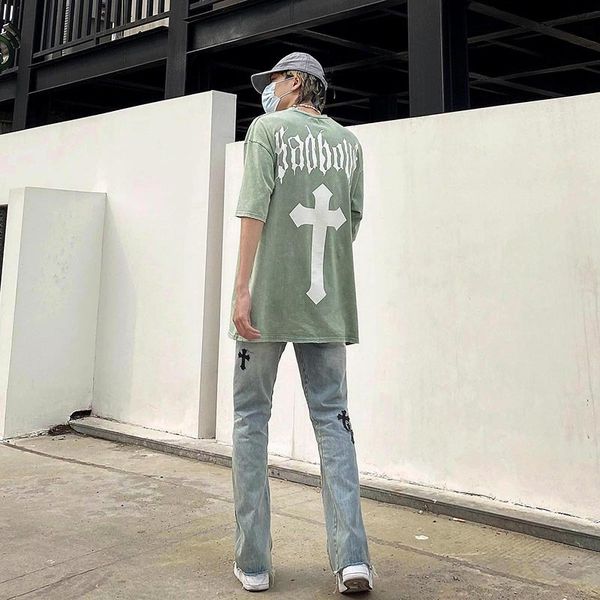 

ins dark black wash make old cross print short sleeve men's ins american high street crowd lovers t-shirt tren