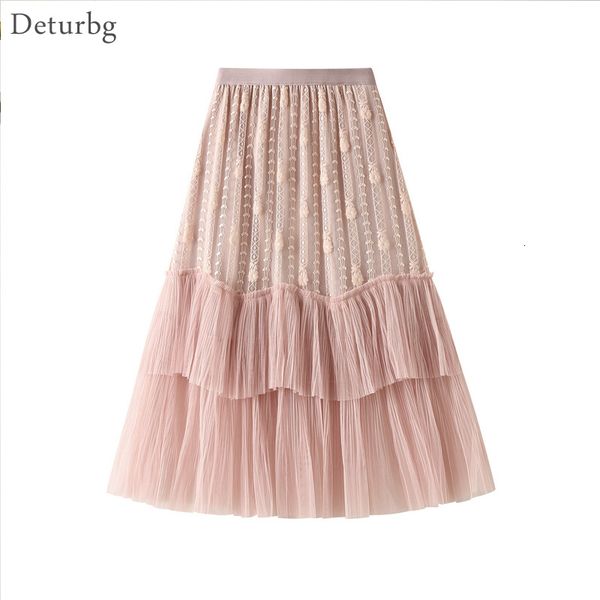 

casual dresses women's elegant lace patchwork midi skirt korean female high waist black a-line tiered tulle skirts faldas 2021 spr, Black;gray