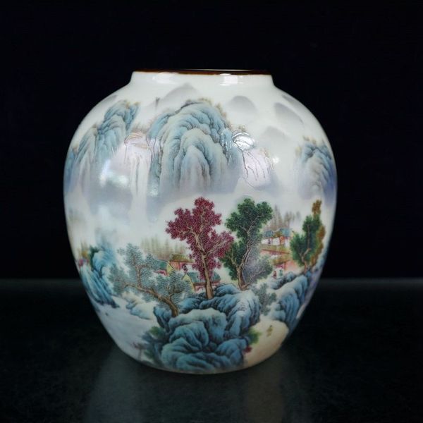 

chinese old porcelain pastel jar with landscape pattern storage tank, Brown