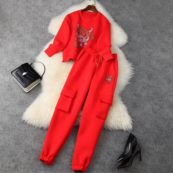 

women's two piece pants european and american women's clothing new style for spring long sleeves cartoon ironed diamond hoodie tro, White