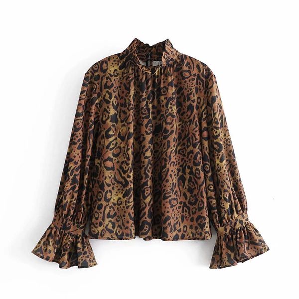 

shirts shirt leopard printed long sleeves ruffled casual fashion high street chic vintage women shirts, White
