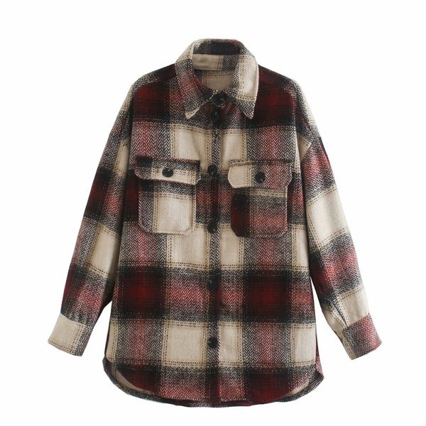

Women's Jackets Vintage Chic Red Contrast Colors Plaid Shirt Women Fashion Pockets Lapel Collar Button-up Coat Girls Outerwear 201014 GJ1H, Black;brown