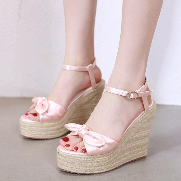 

women sandals summer 10cm thick platform wedge shoes bowknot satins peep toe woman beach casual buckle stap female sandal, Black
