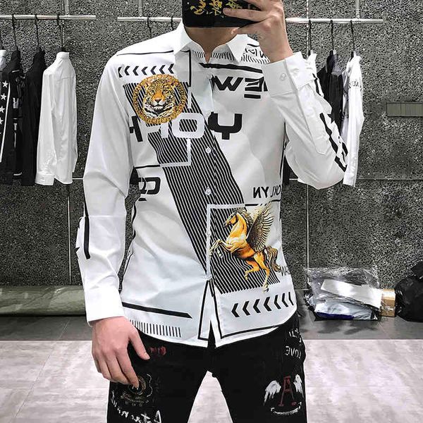 

men's polos luxury tiger print men shirts long sleeve slim fit shirt casual business streetwear social chemise homme pdq7, White;black