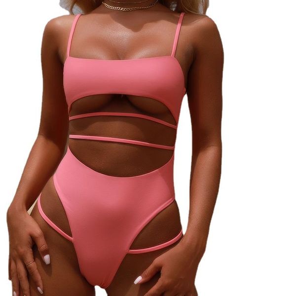 

one-piece suits thong one piece swimsuit 2021 women solid bandage bathing suit swimwear yellow pink black blue high waist cut out monok