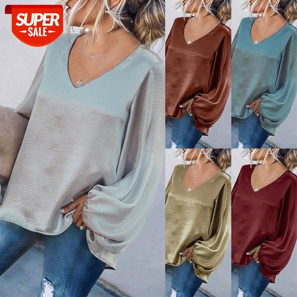 

[in stock]european and american women's long-sleeved loose v-neck solid color t-shirt women #xv4c, White
