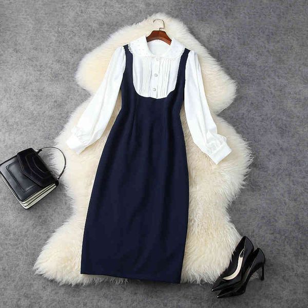 

casual dresses spring long sleeve peter pan neck blue white contrast color panelled beaded mid-calf dress elegant lj18t11793 xsce, Black;gray