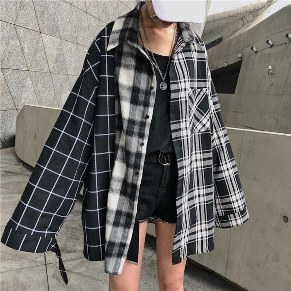 

women's plaid stitching loose long sleeve shirt blouses & shirts, White