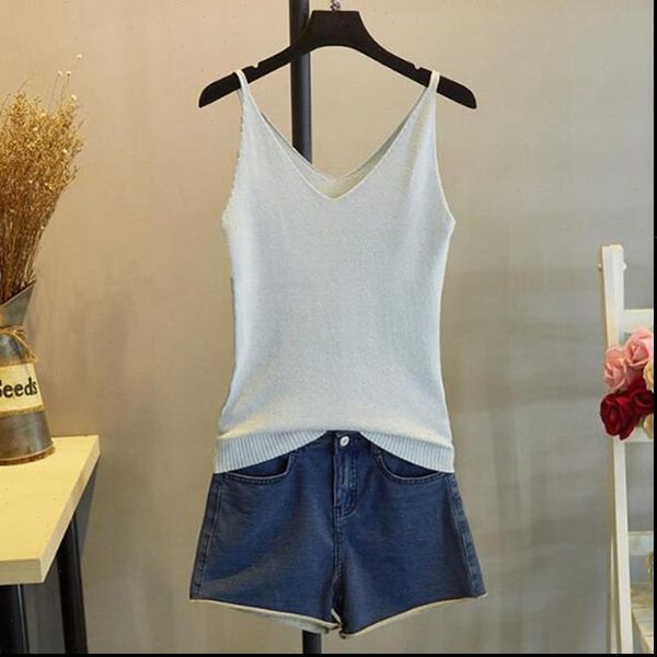 

bling shinning halter womens tank lurex v neck summer knitting underwear casual streetwear cloth, White