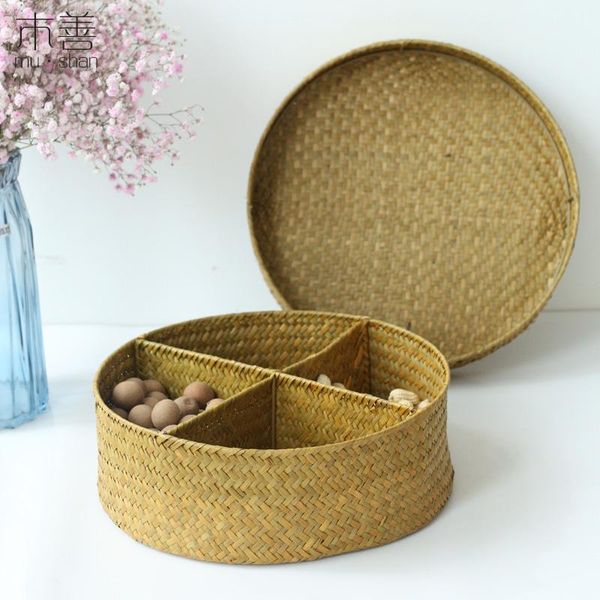 

storage baskets straw separated fruit woven basket round dried tray with lid candy sorting box tea set tool