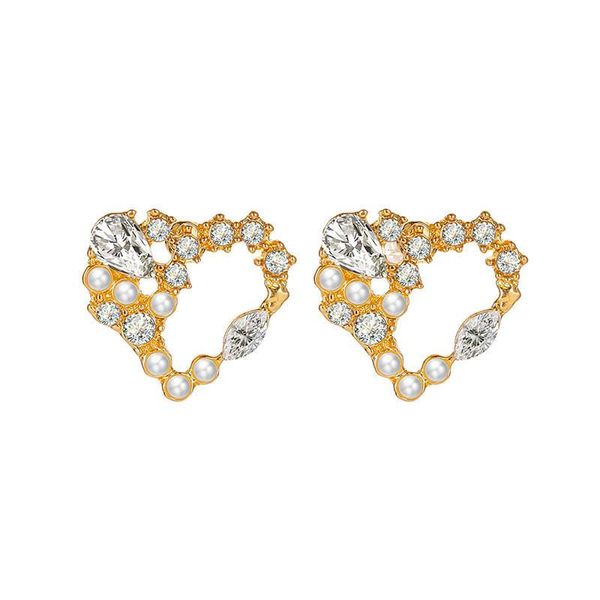 

heart pearl crystal earrings stud hollow valentine's day gift alloy ear drop women birthday party 925 silver love earring jewelry acces, Golden;silver