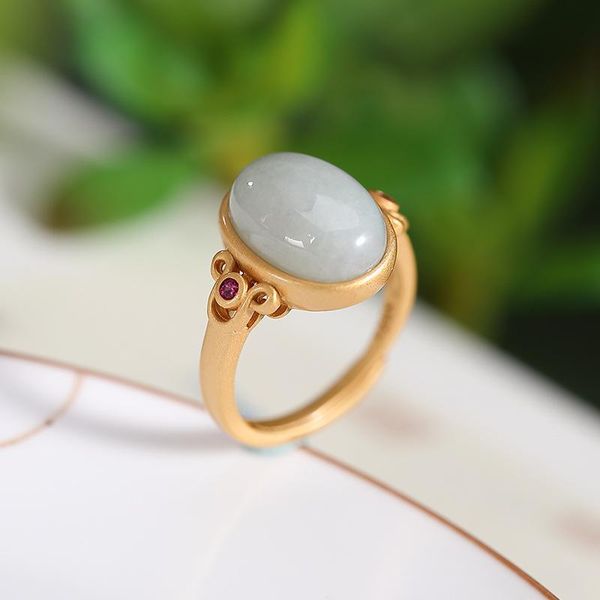 

cluster rings s925 sterling silver gilded natural emerald jade ring retro sweet lucky elegant women adjustable opening k0112, Golden;silver