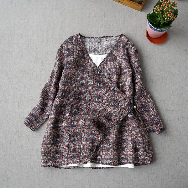 

spring summer women loose chinese style buttons print comfortable water washed thin see-through ramie shirts/blouses ethnic clothing, Red