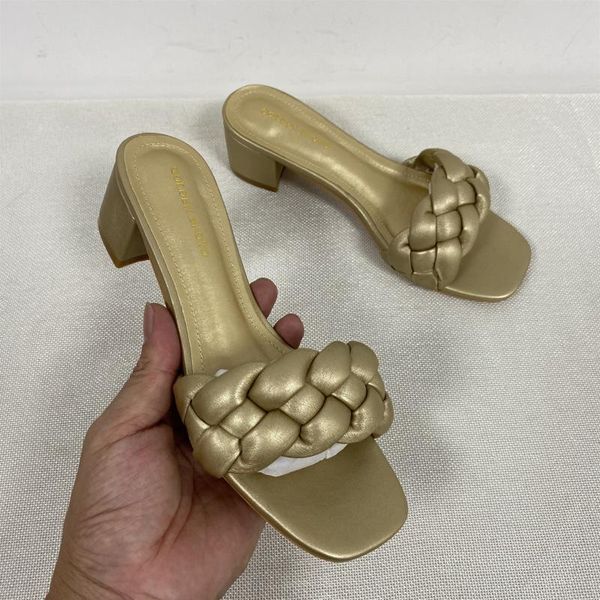 

slippers simmer square heel 5cm high women outside shoes weave open toe fashion slides woman solid leather summer shoe racg, Black