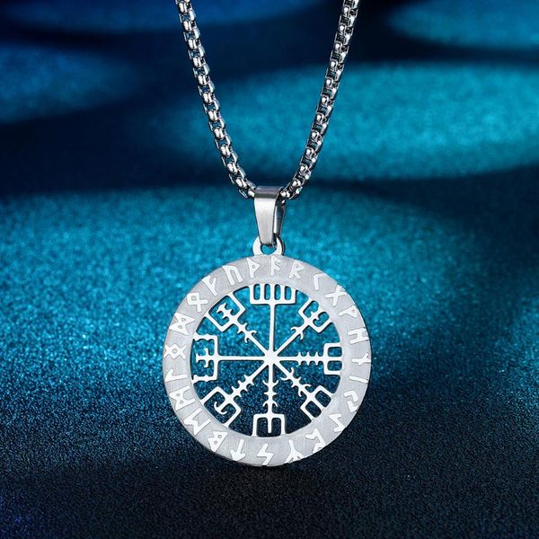 

pendant necklaces stainless steel vegvisir compass necklace for women men amulet rune celtic jewelry slavic gift, Silver