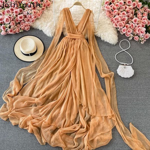 

casual dresses joinyouth beach style maxi for women v-neck sleeveless slim fit elegant dress gauze big swing vestidos de mujer, Black;gray