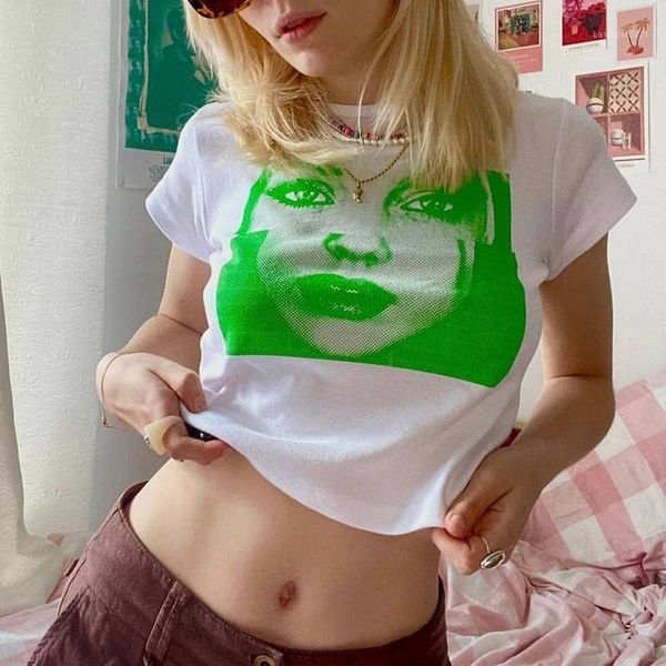 

women's t-shirt 2021 face print short personalized bottoming top, White
