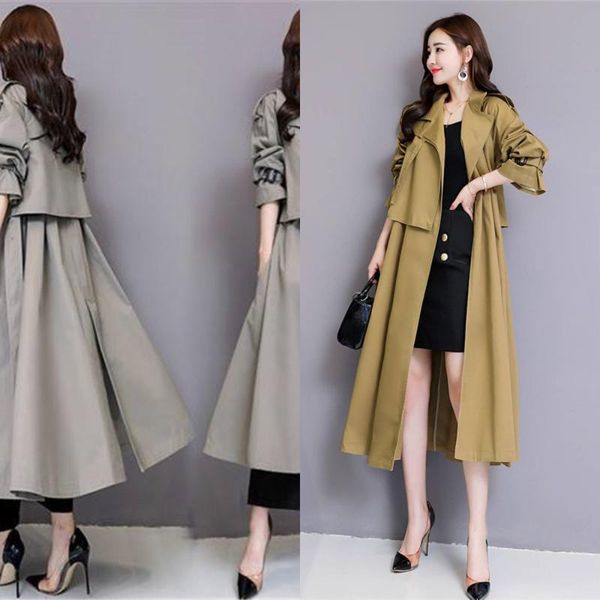 

women's trench coats winterspring fashion women long coat female a-line belt cloak outerwear loose chic gabardina mujer m73, Tan;black