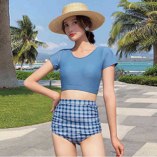 

body women's high split waist small chest gathered conservative thin bikini south korean student spring swimsuit, White;black
