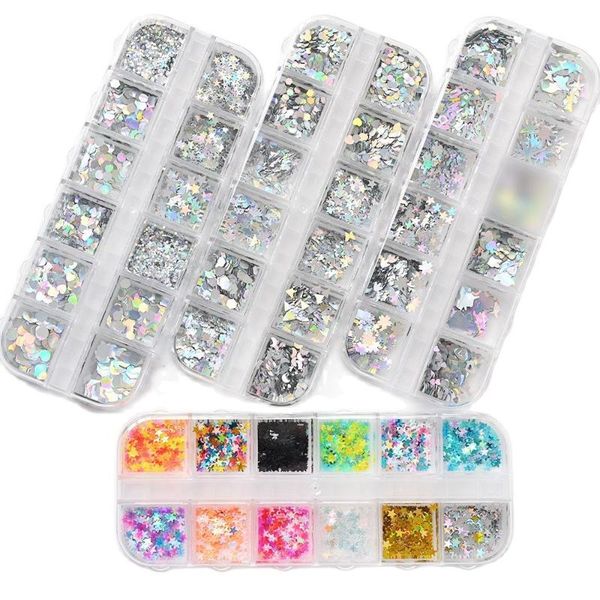 

nail glitter 12 boxes holographic sequins iridescent mermaid flakes confetti (12-laser) grids/box art h9j, Silver;gold