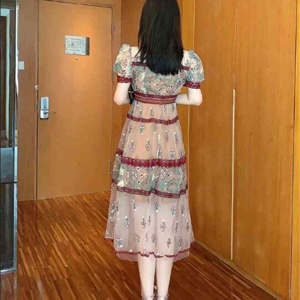 

dresses runway flower embroidery women short sleeve o-neck bow vintage mesh female patchwork lace floral mid calf, Black;gray