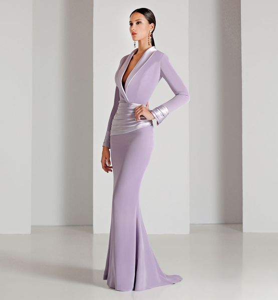 Abito da sera lungo da v-collo leggero Purple Elastic Satin Weath Spalla moderno abiti da ballo con volant