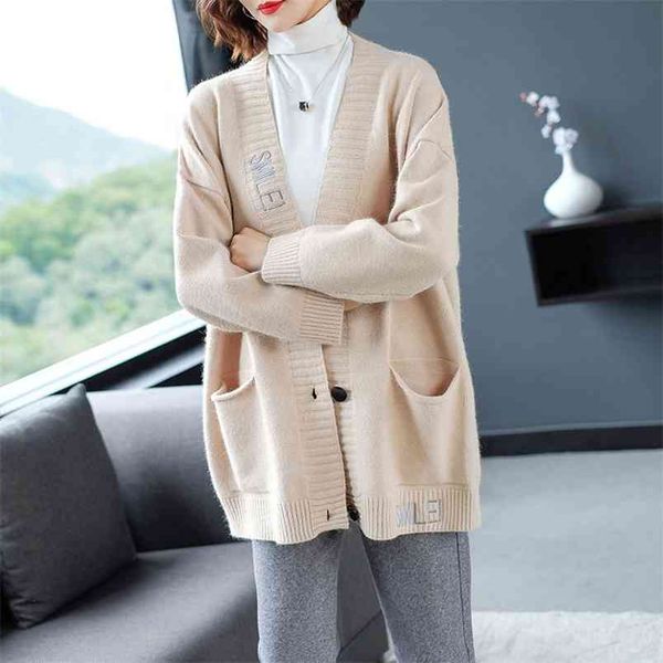 

autumn winter women sweater cardigans oversize v neck knit girls outwear korean chic suete coat 210427, White;black