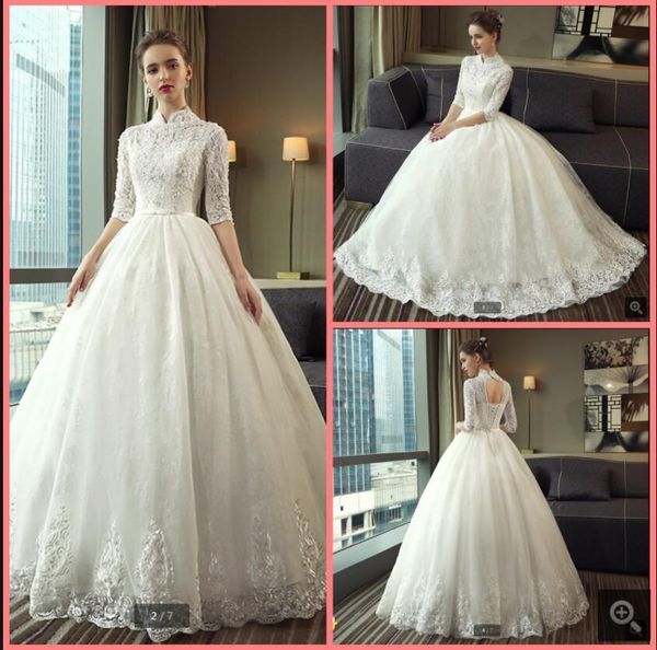 

2021 robe de mariage white tulle ball gown wedding dresses beaded lace appliques hollow back bridal gowns princess half sleeve elegant long
