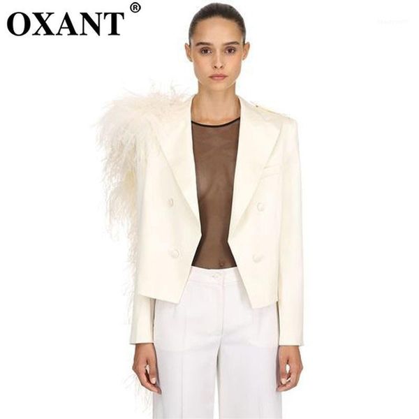 

women's suits & blazers oxant 2021 blazer for women detachable ostrich feather long-sleeved double-breasted, White;black