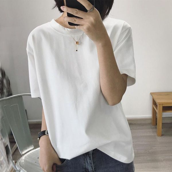 

women's t-shirt oversized simple round neck short sleeve plain ladies fashion straight summer ol commuting white tee