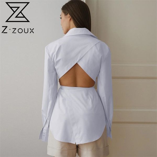 

women blouse long sleeve lace up shirts backless hollow out ladies shirt white black 210513