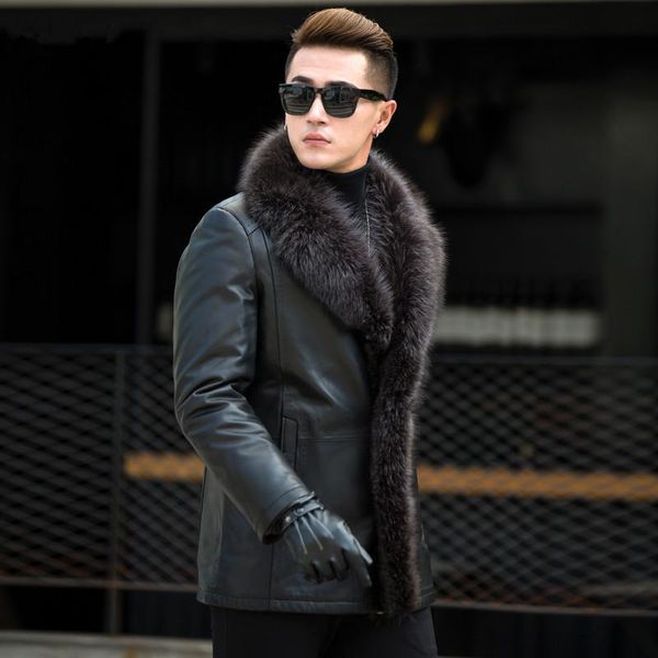 

men's leather & faux jacket real raccoon fur collar wool liner second layer of sheepskin coat men jackets a my729, Black