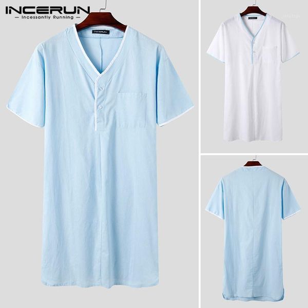 

men's sleepwear incerun men leisure sleep robes fashion short sleeve v neck solid color bathrobes loose buttons nightgown 5xlhomewear, Black;brown