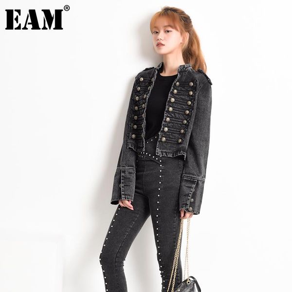 

women's jackets [eam] loose fit button split short denim jacket stand collar long sleeve women coat fashion spring autumn 2021 1k91601, Black;brown