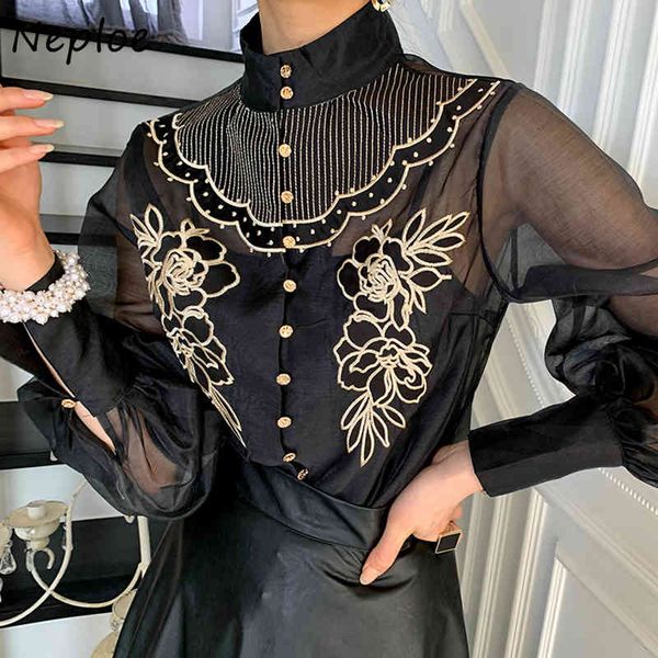 

neploe korean heavy work flower embroidery mesh blouse women stand collar lantern long sleeve blusas spring slim shirt 210423, White