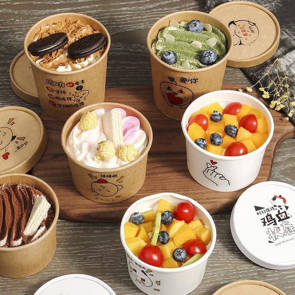 

disposable cups & straws 25pcs net red round ice cream cup kraft paper bowl takeaway food packaging salad dessert with lids 12oz/16oz