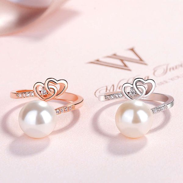 

japanese and korean fashion temperament zircon inlaid love women's opening pearl ring holder 925 silver jewelry, Black